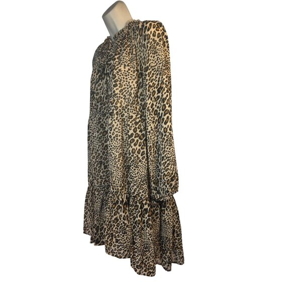 Studio A Leopard Babydoll Tiered Dress M 8–10 Long Sleeve Tie Neck Boho - Picture 4 of 8